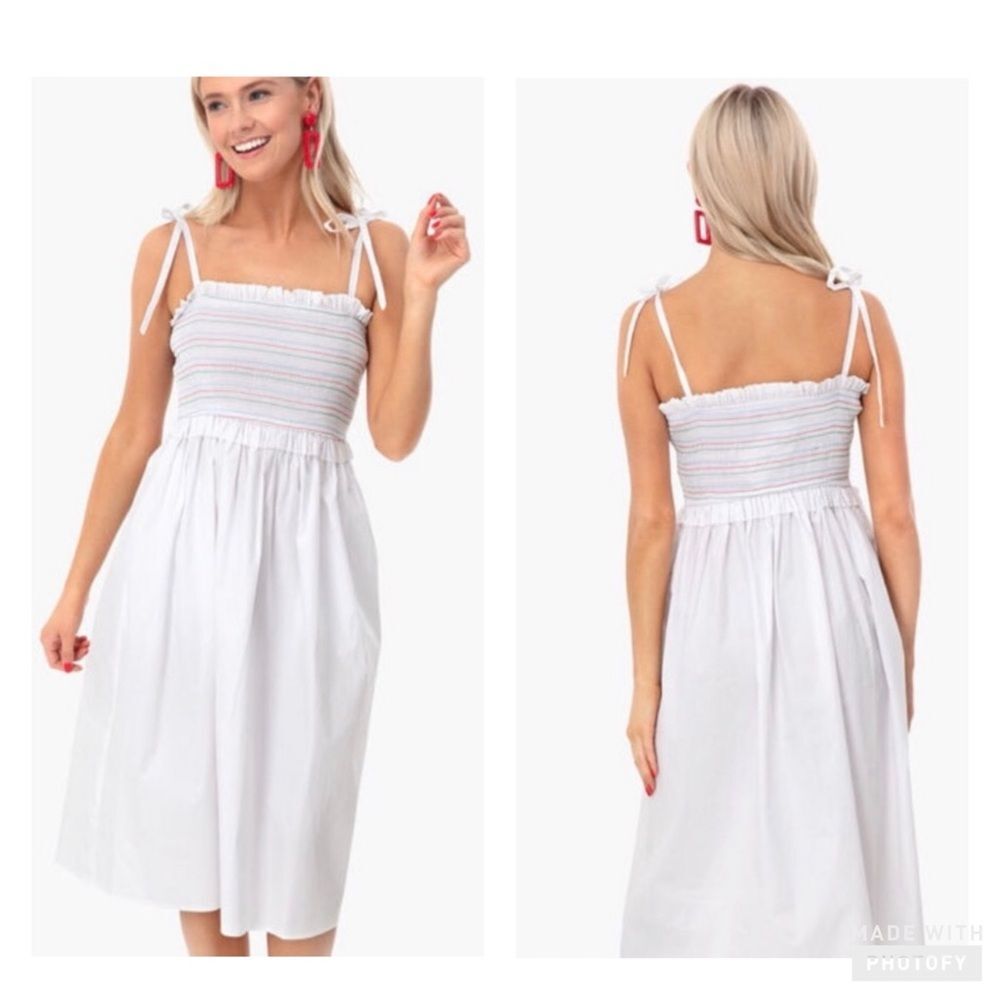 English Factory Smocked White Rainbow Midi Dress W/Pockets Adjustable Ties Sz M